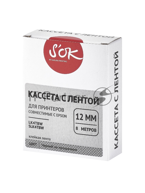 Кассета с лентой SOK by Sakura Printing K4TBW для Epson , черный на прозрачном, 12мм/8м