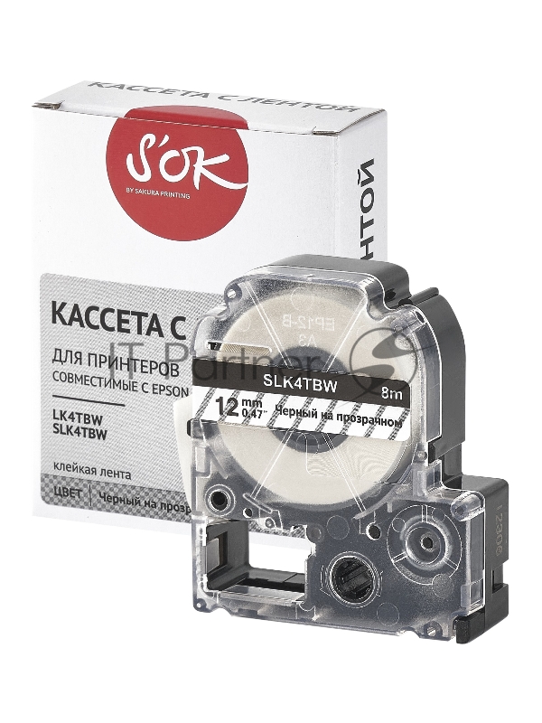 Кассета с лентой SOK by Sakura Printing K4TBW для Epson , черный на прозрачном, 12мм/8м
