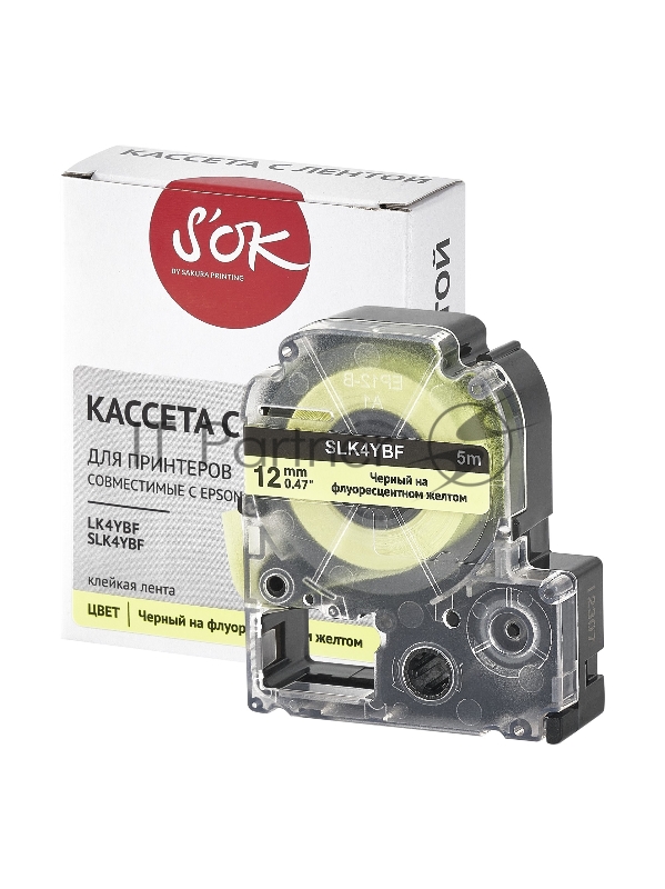 Кассета с лентой SOK by Sakura Printing K4YBF для Epson , черный на флуоресцентном желтом, 12мм/5м