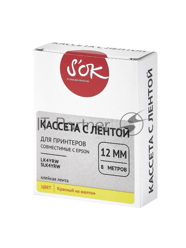 Кассета с лентой SOK by Sakura Printing K4YRW для Epson , красный на желтом, 12мм/8м