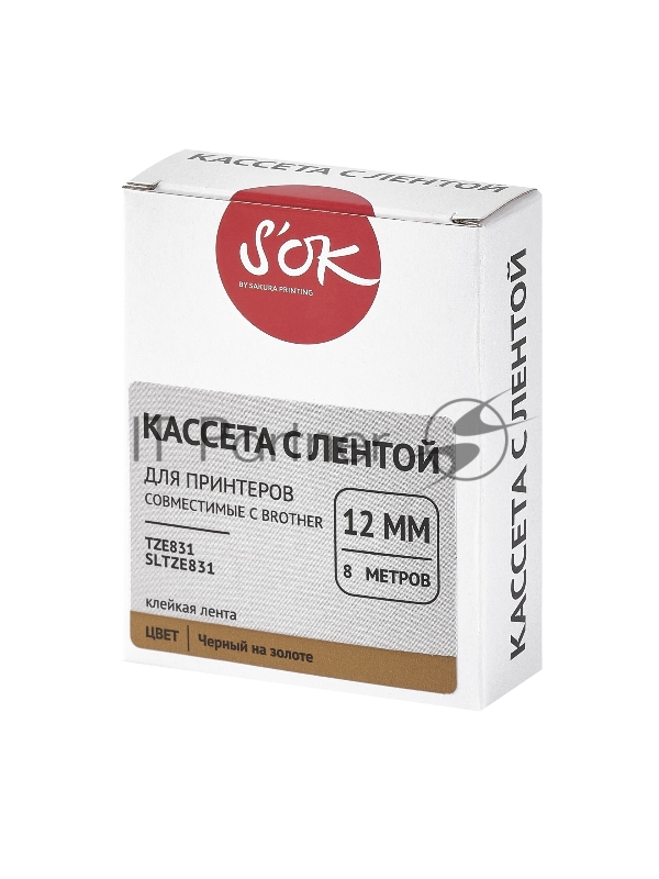 Кассета с лентой SOK by Sakura Printing TZE831 для Brother, черный на золотом, 12мм/8м , наклейка