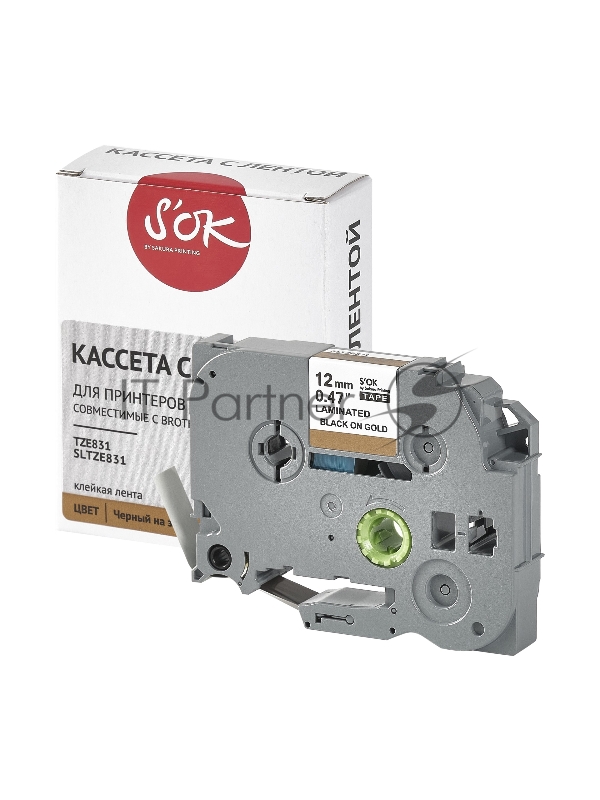 Кассета с лентой SOK by Sakura Printing TZE831 для Brother, черный на золотом, 12мм/8м , наклейка