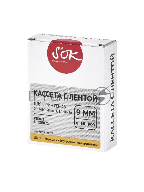Кассета с лентой SOK by Sakura Printing TZEB21 для Brother, черный на оранжевом, 9мм/8м , наклейка