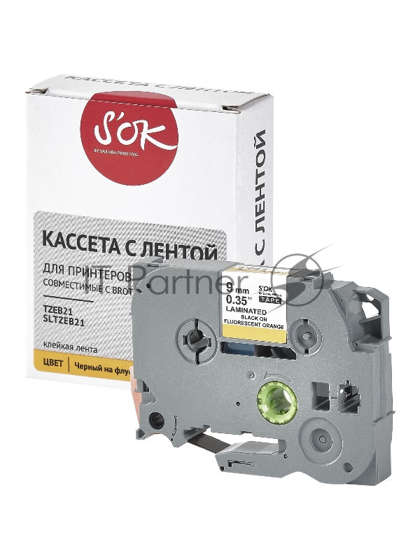 Кассета с лентой SOK by Sakura Printing TZEB21 для Brother, черный на оранжевом, 9мм/8м , наклейка