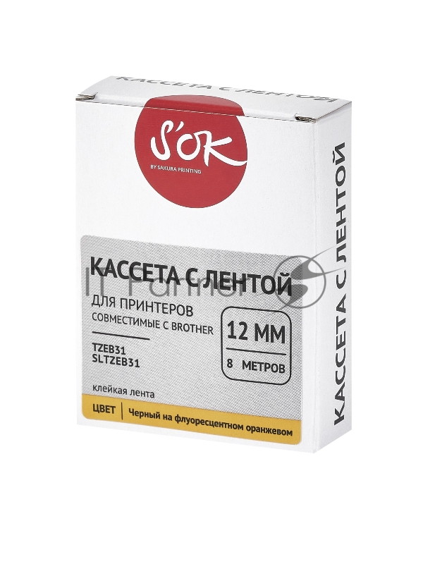 Кассета с лентой SOK by Sakura Printing TZEB31 для Brother, черный на оранжевом, 12мм/8м , наклейка