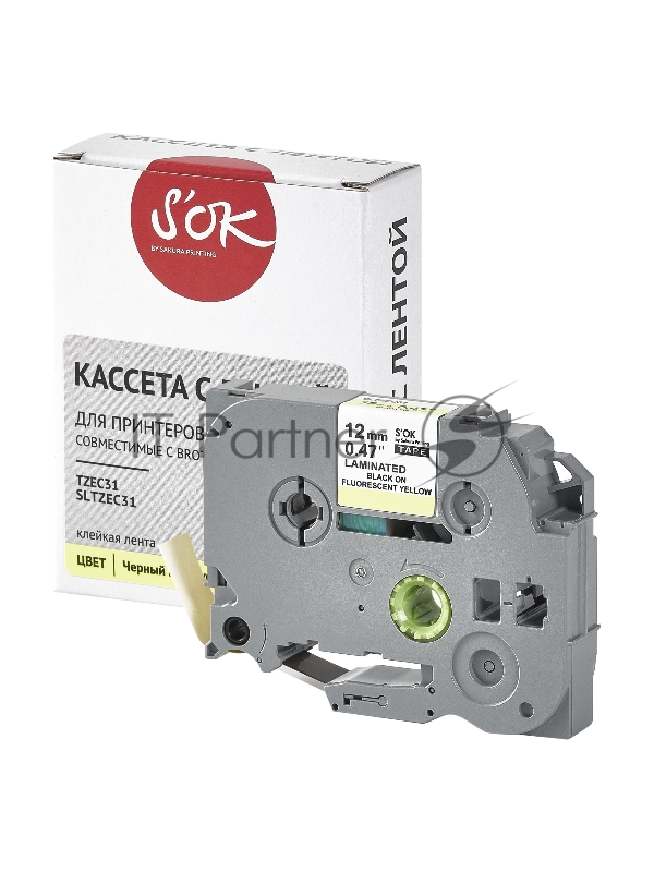 Кассета с лентой SOK by Sakura Printing TZEC31 для Brother, черный на желтом, 12мм/8м , наклейка