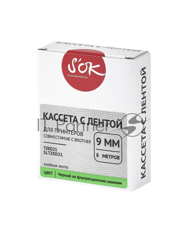 Кассета с лентой SOK by Sakura Printing TZED21 для Brother, черный на зеленом, 9мм/8м , наклейка
