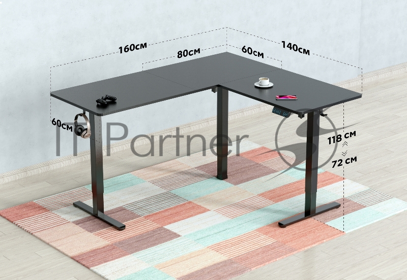 Стол для компьютера Cactus угловой подъёмный столешница МДФ черный каркас черный 140х72х60см (CS-EDXL-BBK)