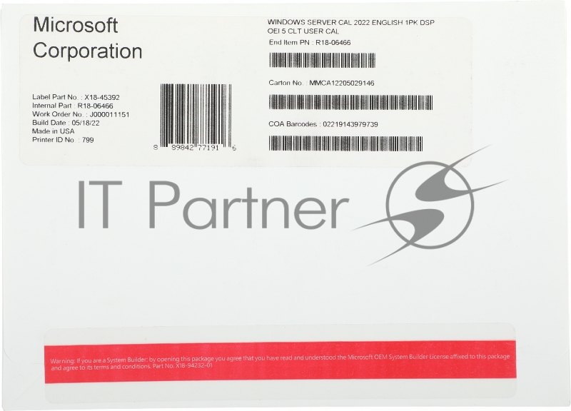 ПО Microsoft Windows Server CAL 2022 English 1pk DSP OEI 5 Clt User CAL (R18-06466)