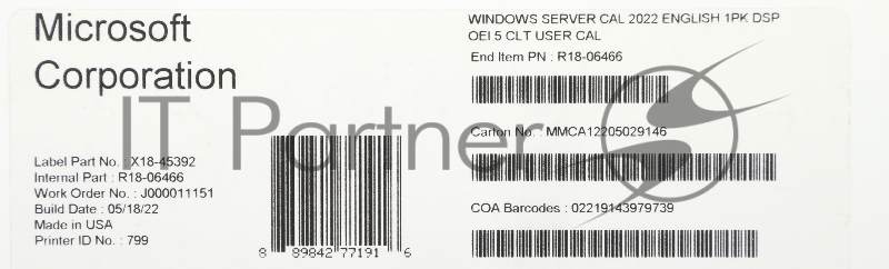 ПО Microsoft Windows Server CAL 2022 English 1pk DSP OEI 5 Clt User CAL (R18-06466)