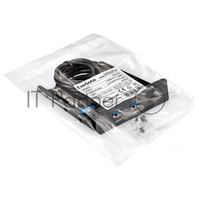 Планка USB на переднюю панель ExeGate U3H-616, 3,5, 2*USB3.0+1*TypeC, черная, металл, подсоединение к мат. плате