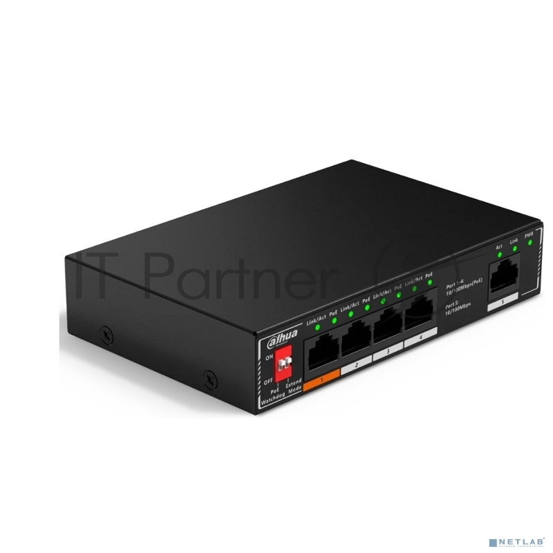 Неуправляемый 5-портовый коммутатор с РоЕ DAHUA DH-SF1005P, 4xRJ45 100Mb PoE, 1xRJ45 100Mb uplink, суммарно 60Вт, коммутация 1.8 Гбит/с, MAC-таблица 2K, металл