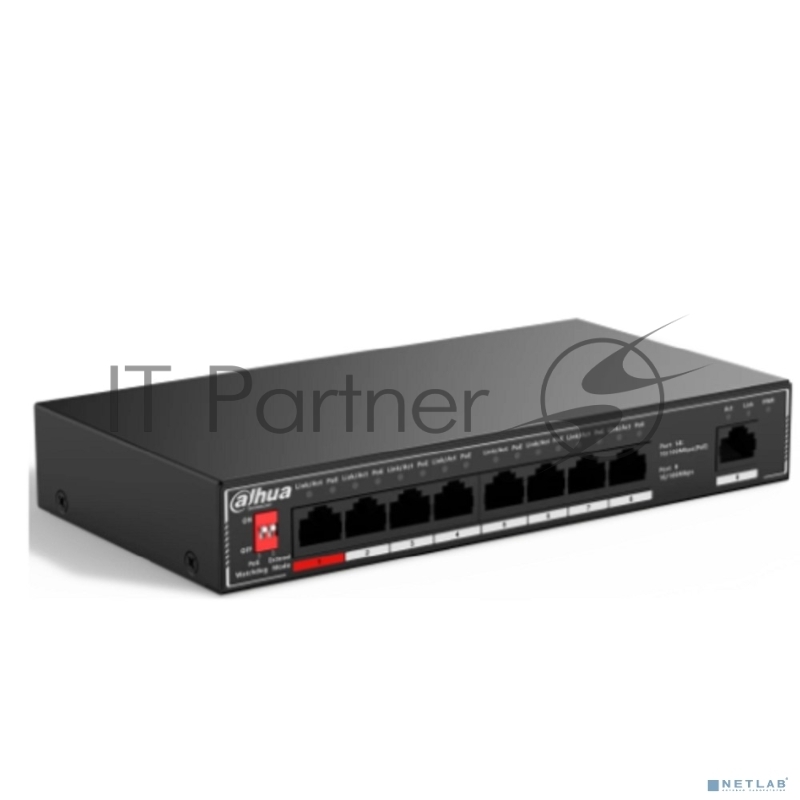 Неуправляемый 9-портовый коммутатор с РоЕ DAHUA DH-SF1009P, 8xRJ45 100Mb PoE, 1xRJ45 100Mb uplink, суммарно 96Вт, коммутация 1.8 Гбит/с, MAC-таблица 2K, металл