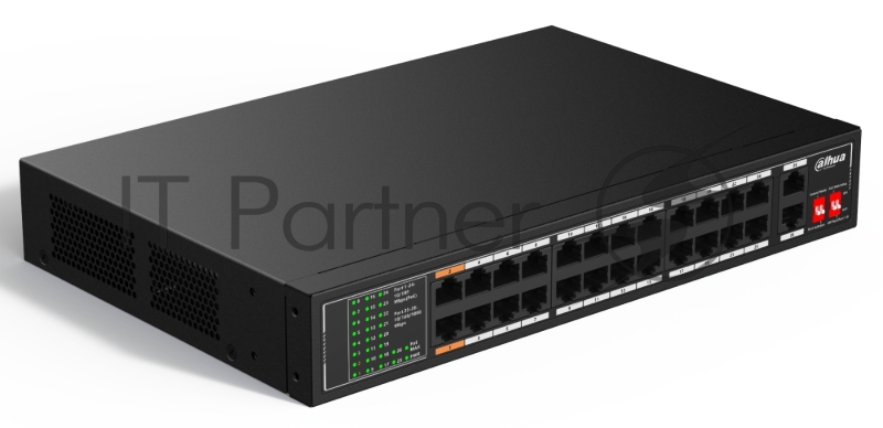 Неуправляемый 26-портовый коммутатор с РоЕ DAHUA DH-SF1026LP, 24xRJ45 100Mb PoE, 2xRJ45 1Gb uplink, суммарно 190Вт, коммутация 8.8 Гбит/с, MAC-таблица 8K, металл