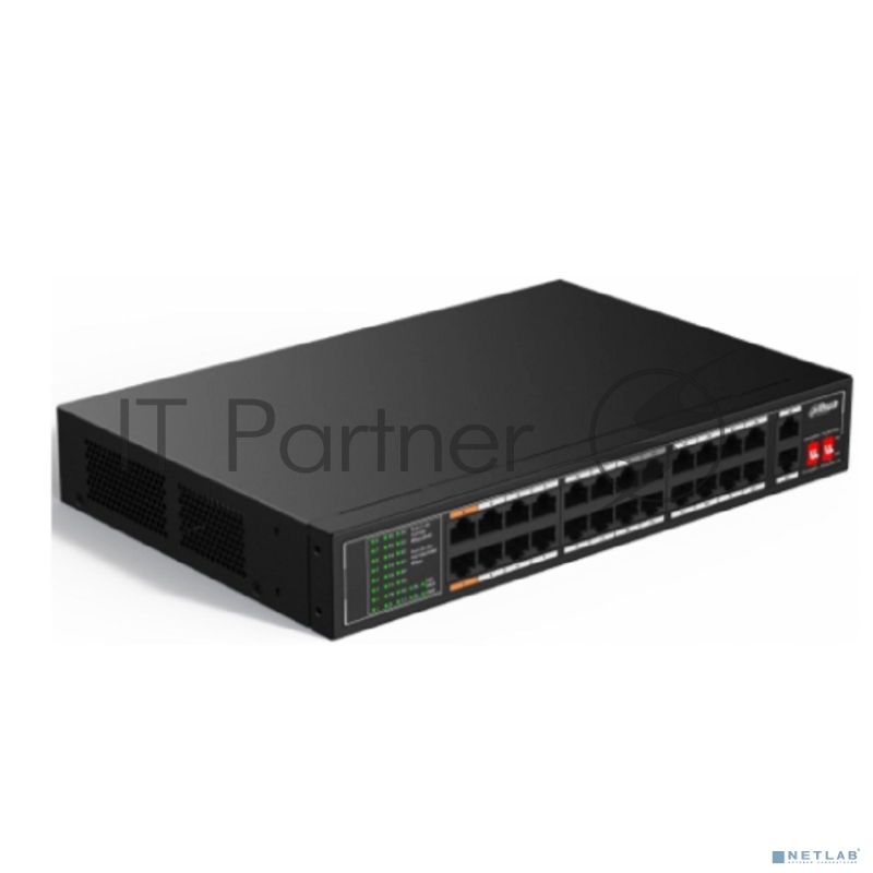 Неуправляемый 26-портовый коммутатор с РоЕ DAHUA DH-SF1026LP, 24xRJ45 100Mb PoE, 2xRJ45 1Gb uplink, суммарно 190Вт, коммутация 8.8 Гбит/с, MAC-таблица 8K, металл