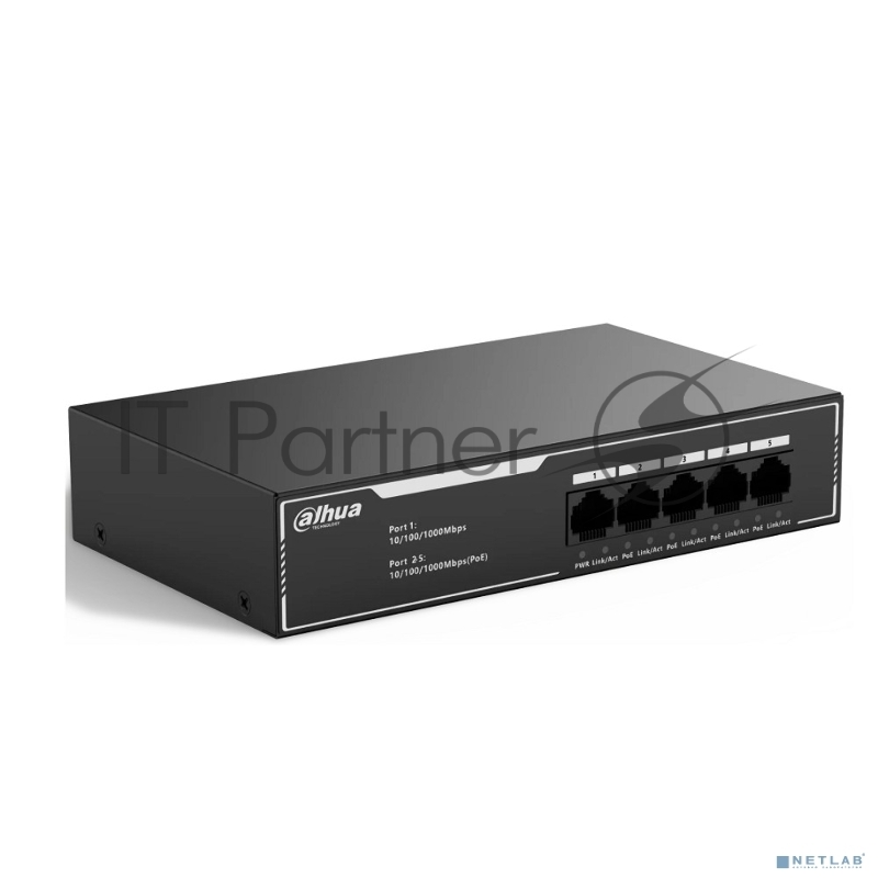 Гигабитный 5-портовый неуправляемый коммутатор c PoE DAHUA DH-SG1005LP, 4xRJ45 1Gb PoE, 1xRJ45 1Gb uplink, суммарно 36Вт, коммутация 10 Гбит/с, MAC-таблица 2K, металл