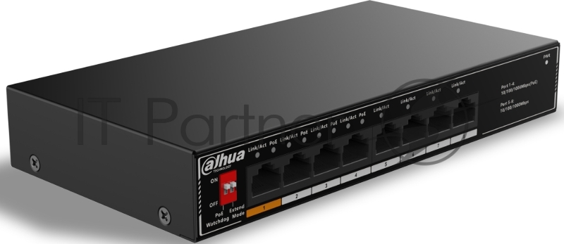 Гигабитный 8-портовый неуправляемый коммутатор c PoE DAHUA DH-SG1008LP, 4xRJ45 1Gb PoE, 4xRJ45 1Gb, суммарно 60Вт, коммутация 20 Гбит/с, MAC-таблица 8K, металл