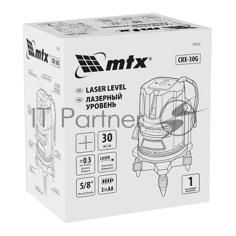 Лазерный уровень CRX-30G, 30 м, зеленый луч, батарейки, резьба 5/8// MTX