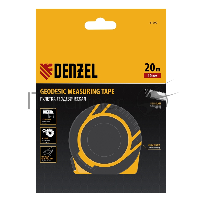 Рулетка геодезическая 20 м х 15 мм, закрытый корпус, фиберглассовая лента// Denzel