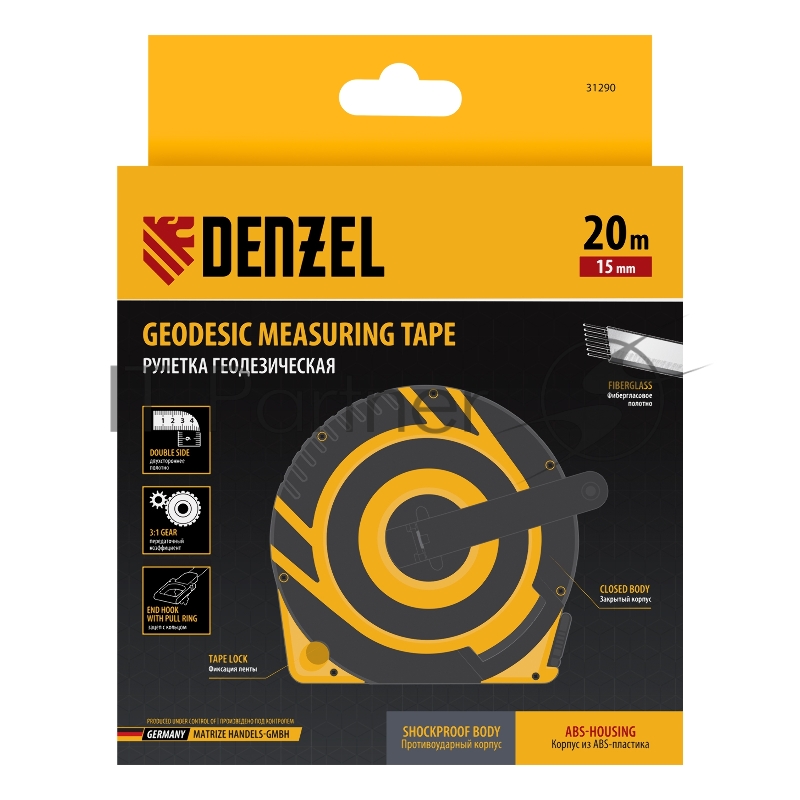 Рулетка геодезическая 20 м х 15 мм, закрытый корпус, фиберглассовая лента// Denzel