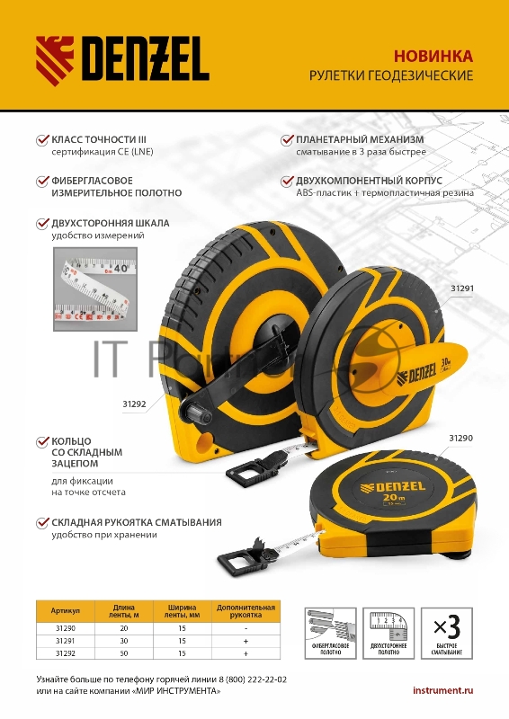 Рулетка геодезическая 20 м х 15 мм, закрытый корпус, фиберглассовая лента// Denzel