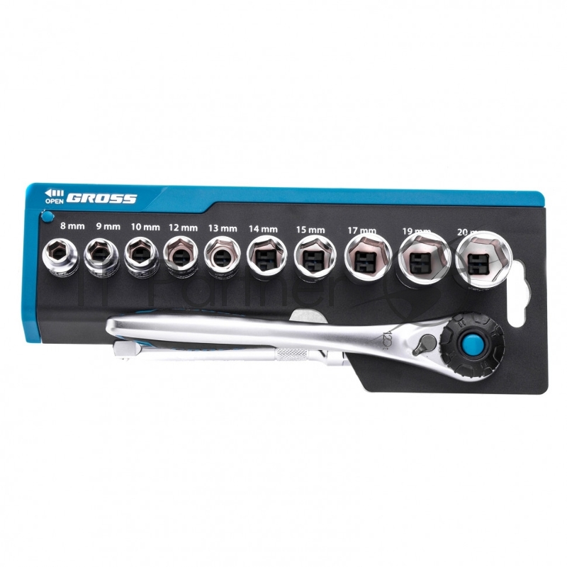 Набор торцевых головок, трещотка 120 зубьев, 3/8, CrV, 12 предметов// Gross