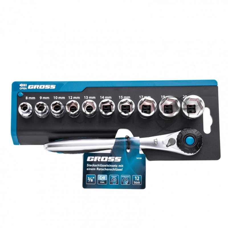 Набор торцевых головок, трещотка 120 зубьев, 3/8, CrV, 12 предметов// Gross
