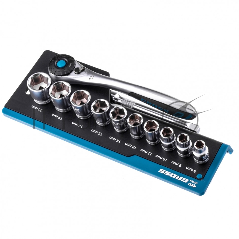 Набор торцевых головок, трещотка 120 зубьев, 3/8, CrV, 12 предметов// Gross