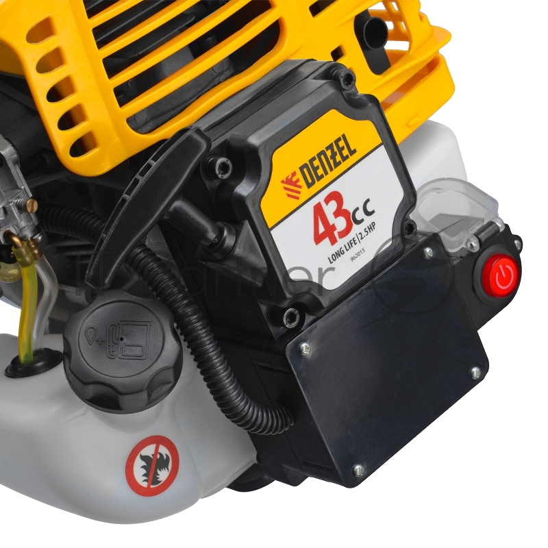 Триммер бензиновый DT-43E, 43 см3, неразъемная штанга, электростартер, состоит из 2 частей// Denzel
