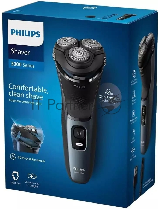 Бритва роторная Philips S3144/00 реж.эл.:3 питан.:аккум. темно-синий