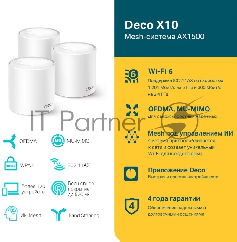 Бесшовный Mesh роутер TP-Link Deco X10 (DECO X10(3-PACK)) AX1500 10/100/1000BASE-TX белый (упак.:3шт)