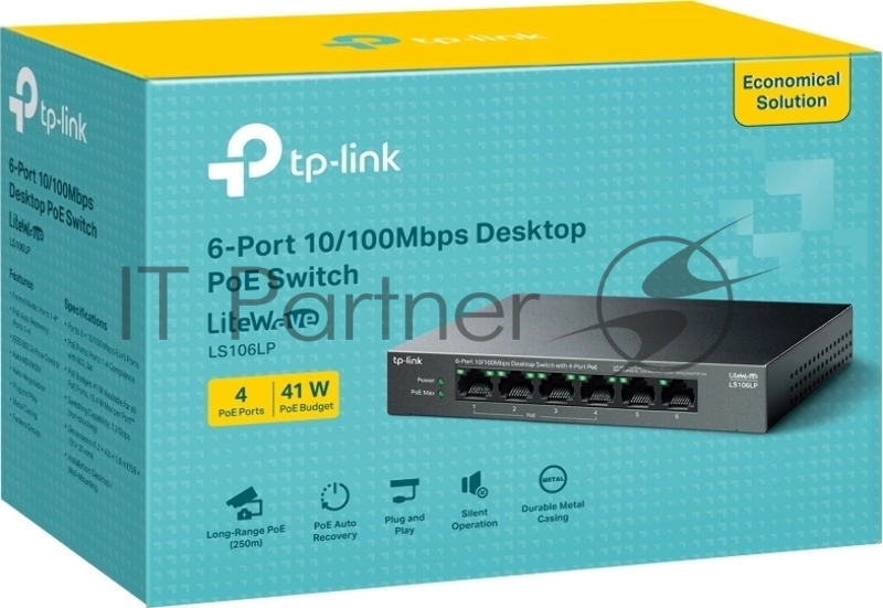 Настольный коммутатор TP-Link LS106LP с 6 портами 10/100 Мбит/с (4 порта PoE)