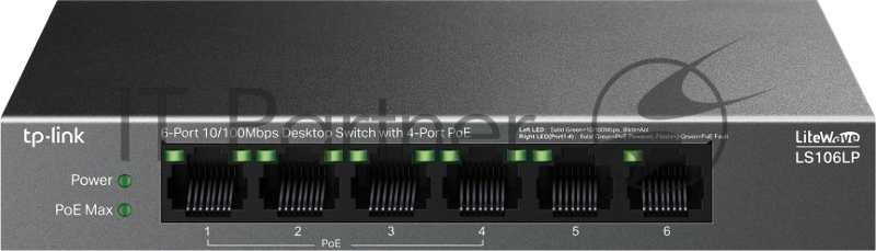Настольный коммутатор TP-Link LS106LP с 6 портами 10/100 Мбит/с (4 порта PoE)