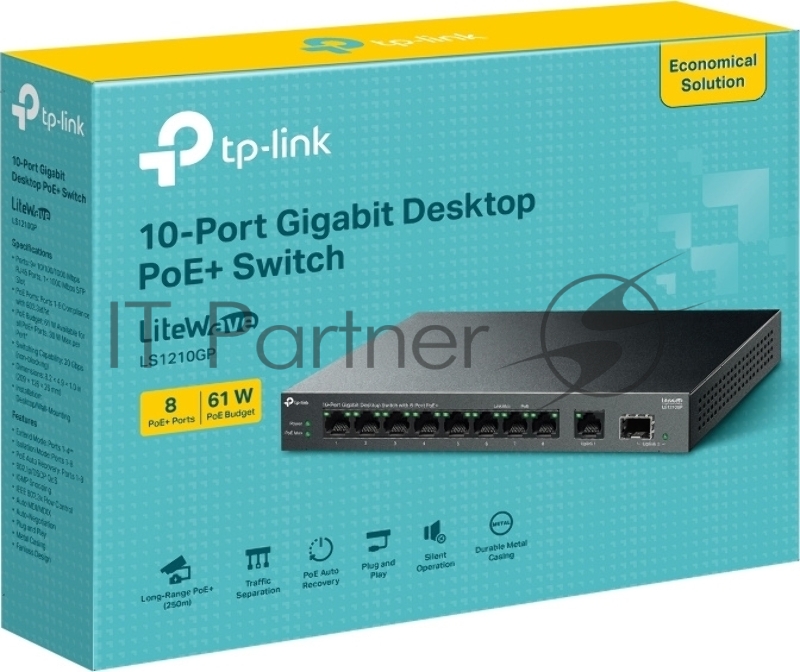 Настольный коммутатор TP-Link LS1210GP с 9 гигабитными портами (8 портов PoE+) и портом SFP