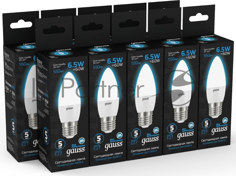 Лампа светодиодная Gauss 103102307 6.5Вт цок.:E27 свеча 220B 6500K св.свеч.бел.хол. (упак.:10шт)