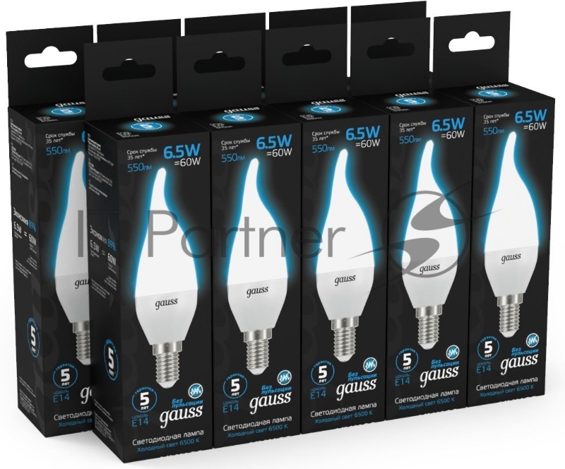Лампа светодиодная Gauss 104101307 6.5Вт цок.:E14 свеча 220B 6500K св.свеч.бел.хол. (упак.:10шт)