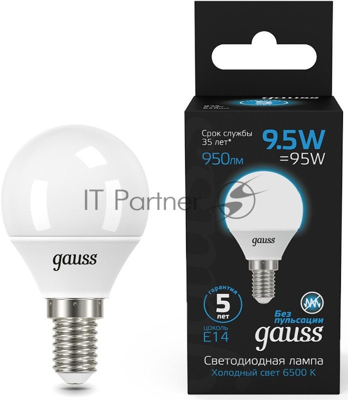 Лампа светодиодная Gauss 105101310 9.5Вт цок.:E14 шар 220B 6500K св.свеч.бел.хол. (упак.:10шт)