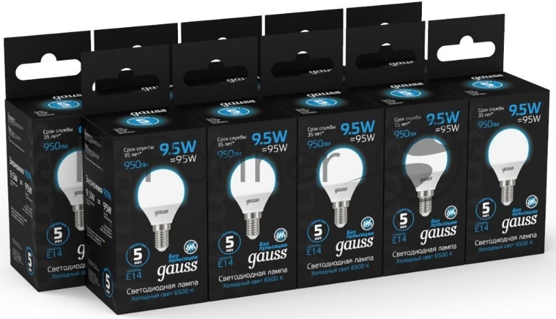 Лампа светодиодная Gauss 105101310 9.5Вт цок.:E14 шар 220B 6500K св.свеч.бел.хол. (упак.:10шт)