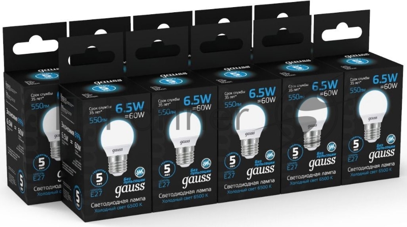 Лампа светодиодная Gauss 105102307 6.5Вт цок.:E27 шар 220B 6500K св.свеч.бел.хол. (упак.:10шт)