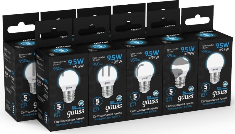 Лампа светодиодная Gauss 105102310 9.5Вт цок.:E27 шар 220B 6500K св.свеч.бел.хол. (упак.:10шт)