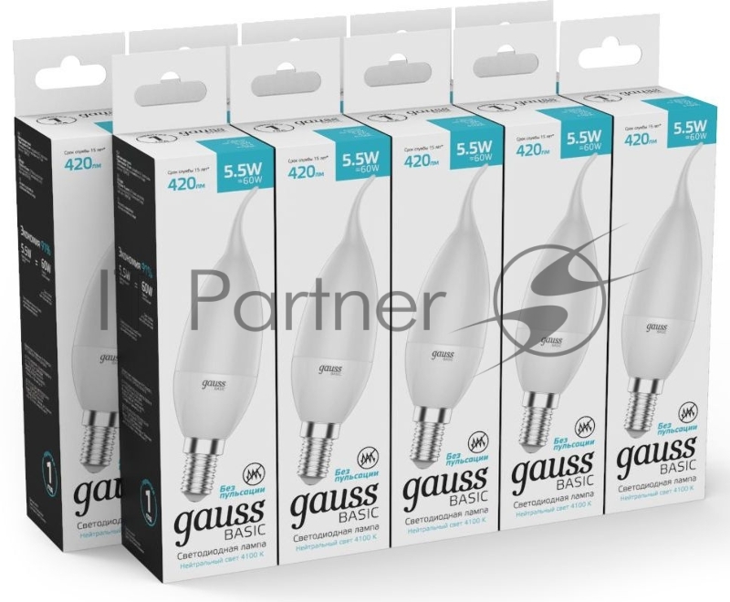Лампа светодиодная Gauss Basic 1034116 5.5Вт цок.:E14 свеча 180B 3000K св.свеч.бел.теп. (упак.:10шт)