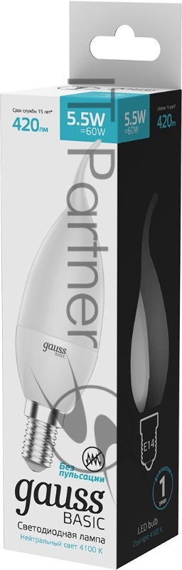 Лампа светодиодная Gauss Basic 1034116 5.5Вт цок.:E14 свеча 180B 3000K св.свеч.бел.теп. (упак.:10шт)