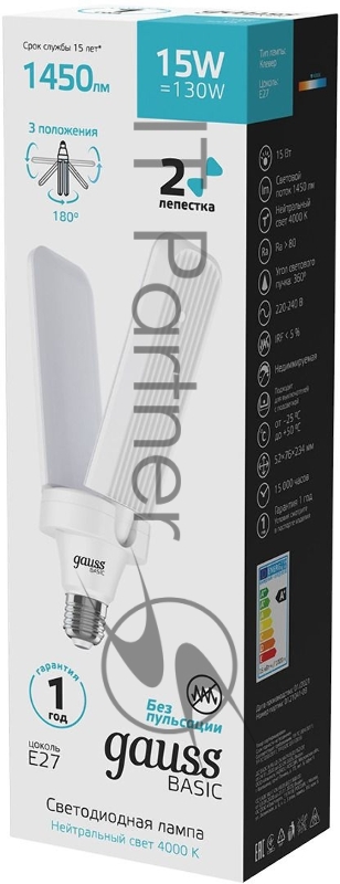 Лампа светодиодная Gauss Basic 11732212 15Вт цок.:E27 клевер 220B 4000K св.свеч.бел.нейт. (упак.:1шт)