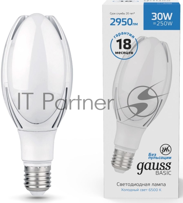 Лампа светодиодная Gauss Basic 11834332 30Вт цок.:E40 цилин. 220B 6500K св.свеч.бел.хол. (упак.:1шт)