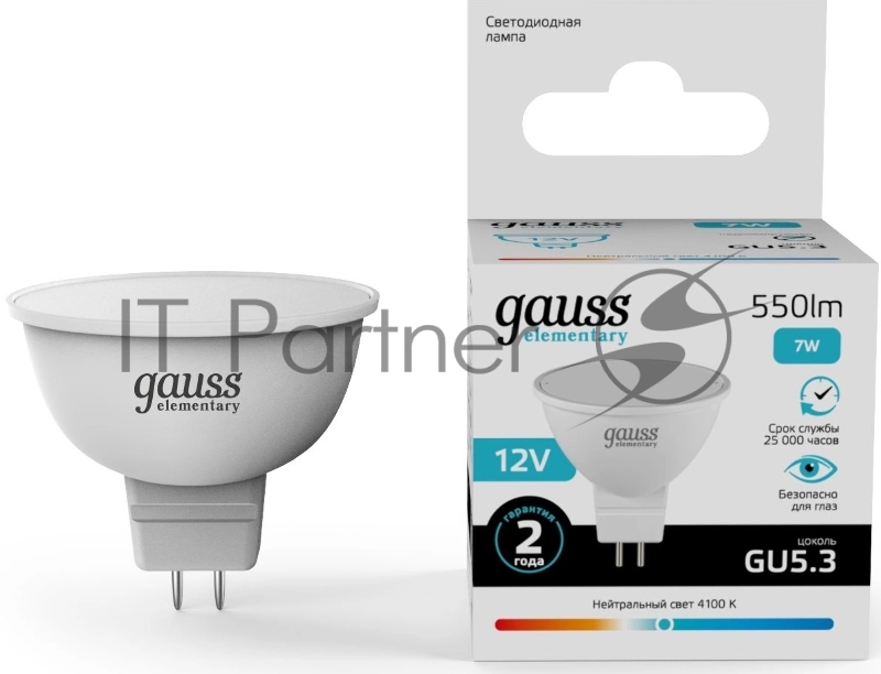 Лампа светодиодная Gauss Elementary 7Вт цок.:GU5.3 софит 12B св.свеч.бел.нейт. (11527)