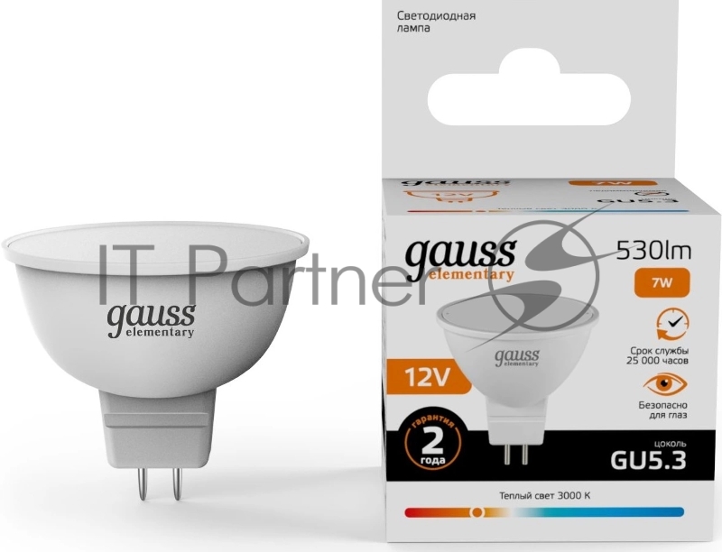 Лампа светодиодная Gauss Elementary 7Вт цок.:GU5.3 софит 12B св.свеч.теп.св./дневн. (11517)