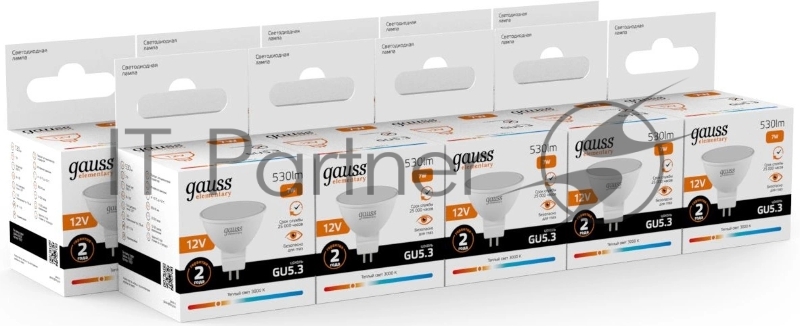 Лампа светодиодная Gauss Elementary 7Вт цок.:GU5.3 софит 12B св.свеч.теп.св./дневн. (11517)