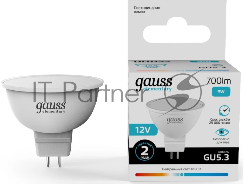 Лампа светодиодная Gauss Elementary 9Вт цок.:GU5.3 софит 12B св.свеч.бел.нейт. (11529)