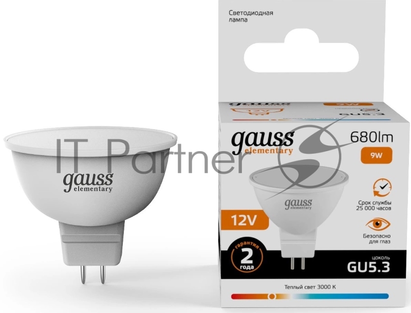 Лампа светодиодная Gauss Elementary 9Вт цок.:GU5.3 софит 12B св.свеч.теп.св./дневн. (11519)