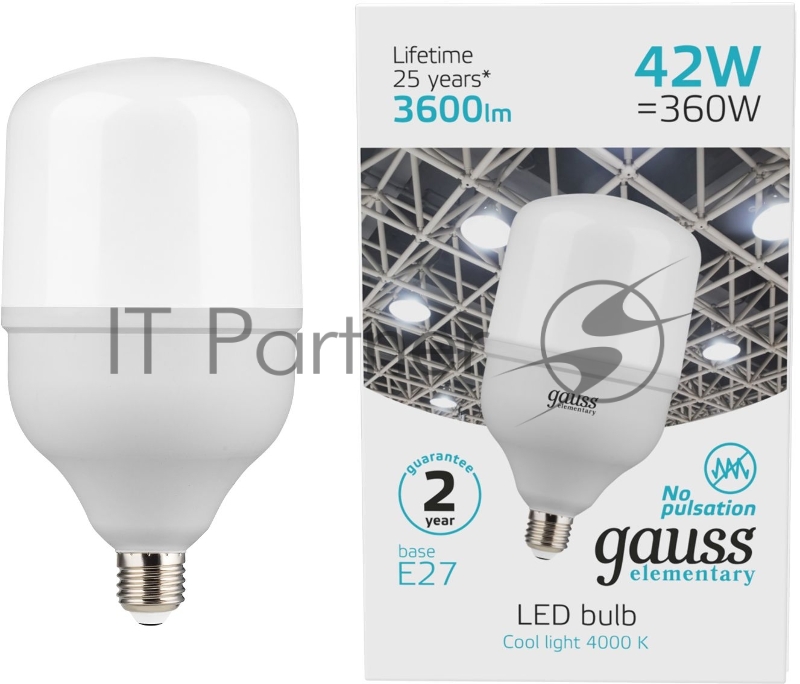 Лампа светодиодная Gauss Elementary T120 42Вт цок.:E27 цилин. 220B 3600K св.свеч.бел.нейт. (упак.:1шт) (63224)